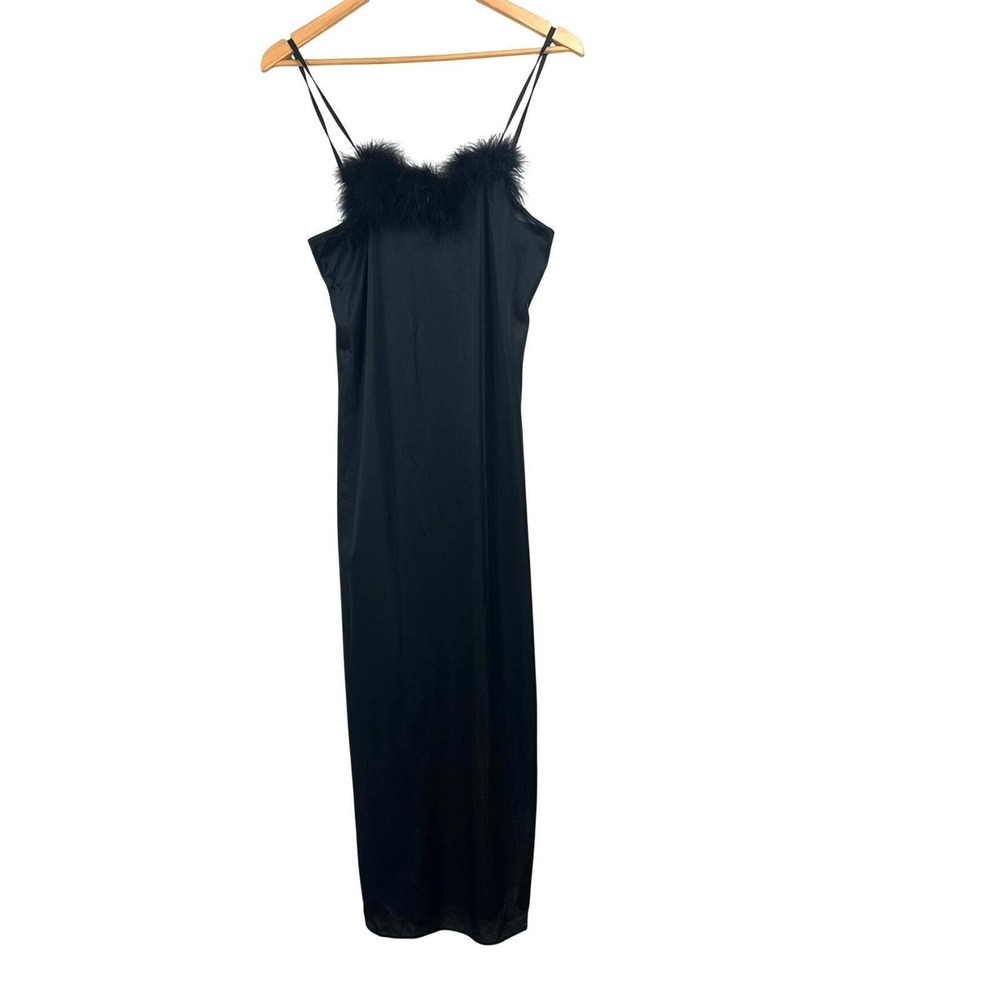 VTG Black Fur Trim Maxi Slip Dress Spaghetti Strap Nighty Lingerie Nightgown S